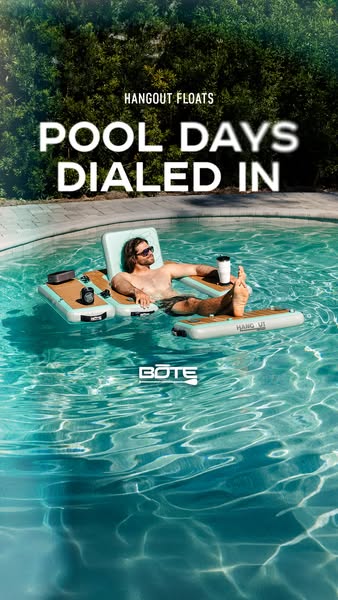 Ad for BOTE Hangout Floats featuring a man relaxing on the float in a pool.