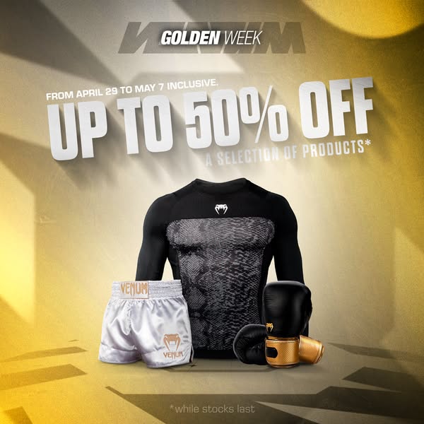 This image ad from Venum promotes their golden week sale offering up to 50% off a selection of products.