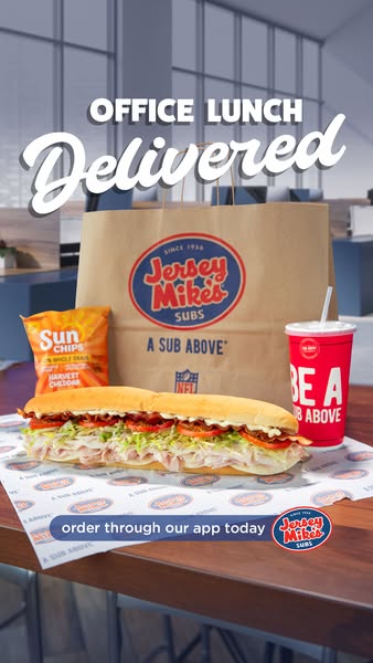 This ad for Jersey Mike's promotes the brand's catering options, specifically for office lunches, and encourages
