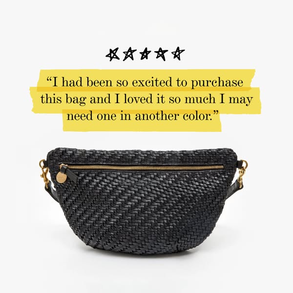 This image ad features a customer review for a woven black bag from an unknown brand. The ad uses a five-star rating gra