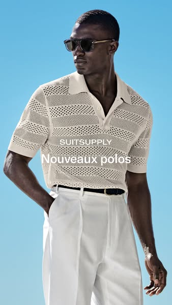 This image ad features a man wearing a SuitSupply polo shirt and white pants. The text overlay reads "SuitSupply No