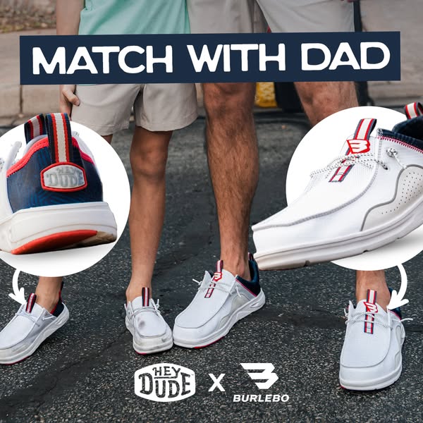 This image ad promotes Hey Dude shoes in partnership with Burlebo, encouraging customers to purchase matching shoes for 
