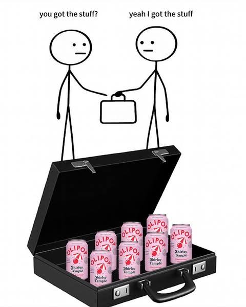 This ad leverages a meme format to humorously promote Olipop soda, depicting a clandestine exchange of 'the stuff