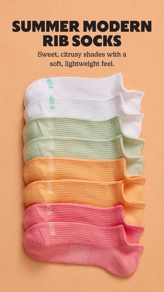 This ad features a vertical stack of Bombas socks in different pastel colors on a peach background. The text emphasizes 