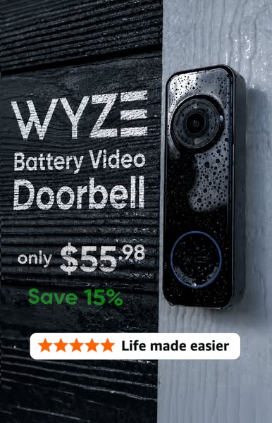 This image ad promotes the Wyze Battery Video Doorbell with the text that emphasizes its affordability and user-friendly