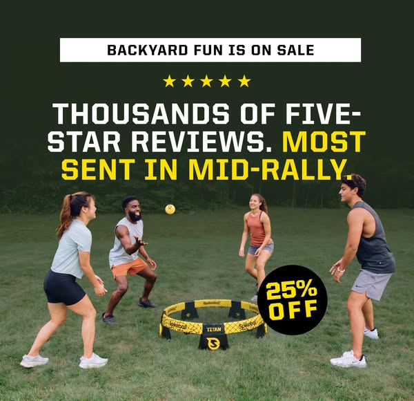 An image ad promoting a Spikeball set that features an offer and a testimonial of thousands of five-star reviews.