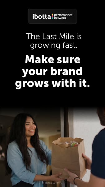 This image ad from Ibotta Performance Network shows a woman receiving a delivery. The ad's copy focuses on the fast 