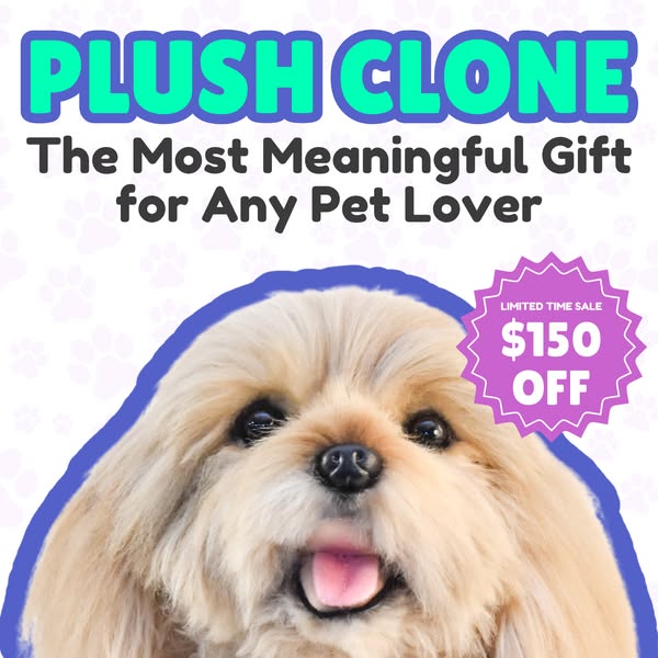 This image ad promotes Plush Clone, a service that creates plush toy replicas of customers' pets. The ad shows a clo
