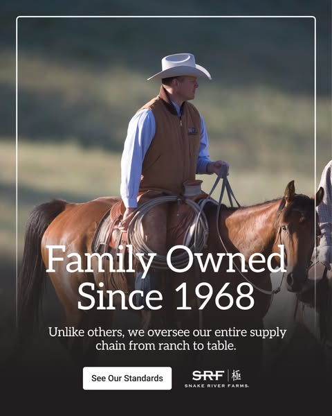 This image ad for Snake River Farms uses a photo of a cowboy on a horse to imply the brand's long, family-owned hist