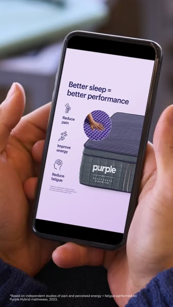 This ad promotes Purple mattresses as a solution to reduce pain and fatigue while improving energy, with the headline
