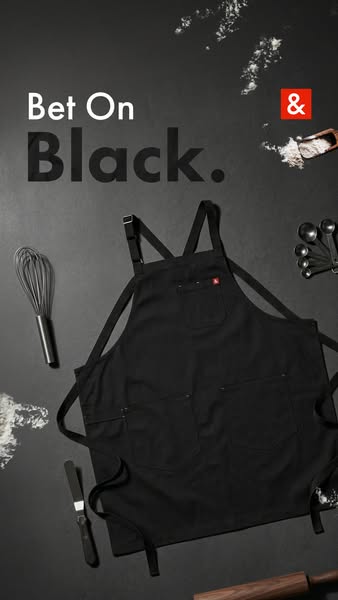 This image ad promotes a black apron, featuring a flatlay of kitchen tools and ingredients on a black surface, alluding 