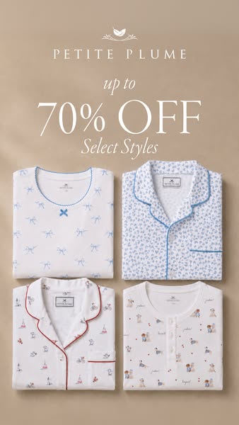 This ad promotes Petite Plume pajama sets by featuring four folded pajama sets in a grid format, highlighting an offer o