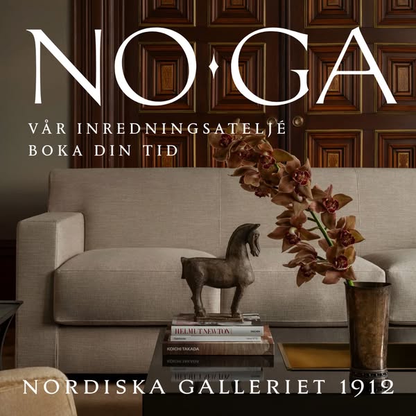 This ad for NORDISKA GALLERIET 1912 features a tastefully decorated interior with high-end furnishings and decor. The ad