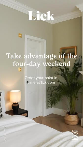 This image ad for Lick features a bedroom in a home that is painted with Lick paint. The ad encourages customers to take