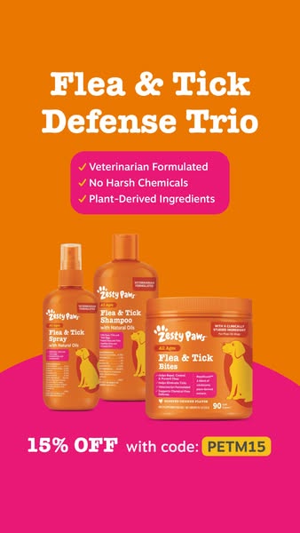The ad promotes Zesty Paws' Flea & Tick Defense Trio, showcasing three different products: Flea & Tick Spray