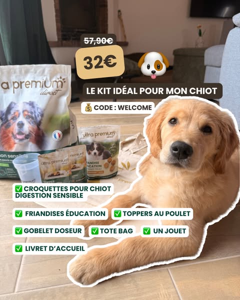 This image ad promotes a puppy kit. The ad visually showcases the products included in the kit and lists the items.