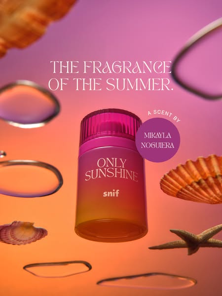 This image ad promotes the Snif brand's Only Sunshine fragrance, co-created with Mikayla Nogueira. The ad uses a dre