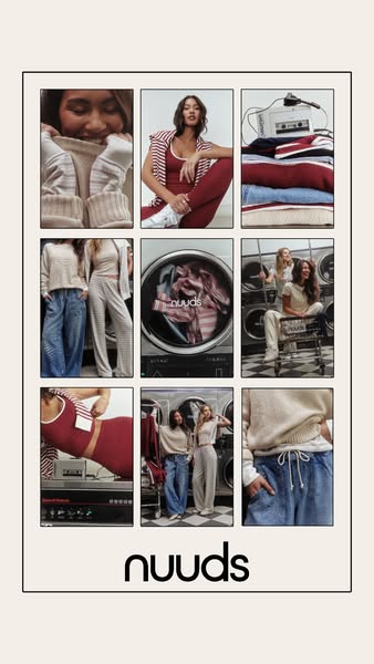 This ad for nuuds features a collage layout of photos in a laundromat to showcase the clothing brand’s style.