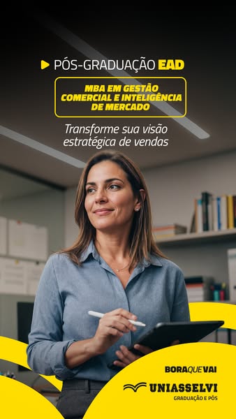 The image ad promotes UNIASSELVI post-graduate EAD programs. The ad features an image of a professional woman holding a 