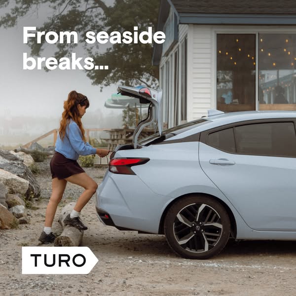 This ad features a woman at the back of a light blue car with the trunk open. The ad is for Turo, a car rental service.