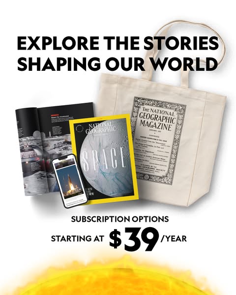 This ad shows a stack of National Geographic products, including a magazine, a tote bag, and a phone displaying the app.