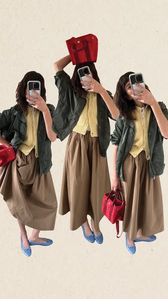 The ad features three images of a person taking a selfie with a red purse. In one image, the purse is on top of the pers