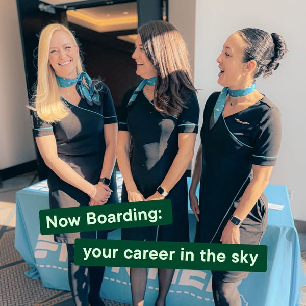 This ad features three flight attendants promoting a career opportunity in the airline industry. The image aims to appea