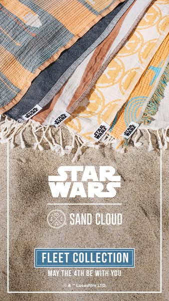 This ad promotes the Star Wars Fleet Collection by Sand Cloud, featuring a variety of beach towels with Star Wars-themed
