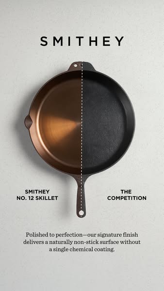 This ad compares a Smithy cast iron skillet to competitor products. The image highlights the benefits of Smithy's si