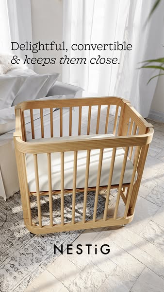 This ad features a light wood crib in a brightly lit room, accompanied by a tagline that emphasizes the crib's conve