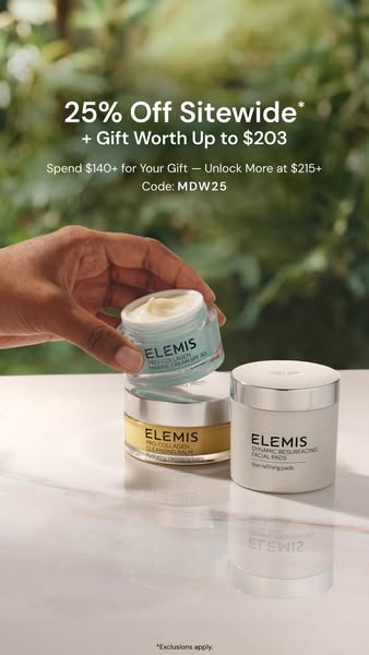 This image ad for Elemis promotes a sitewide sale of 25% off plus a gift worth up to $203 on orders over $140. The ad al