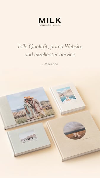 This ad features a customer testimonial about the quality, website, and service of MILK photo books. The ad showcases fo