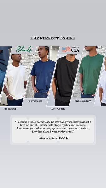 This image ad promotes BLANKS t-shirts. The image features 5 different t-shirts shown on models, each highlighting a key
