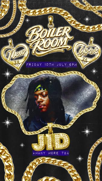 This ad promotes an upcoming Boiler Room event featuring JID in New York. The visual style imitates a hip-hop aesthetic,