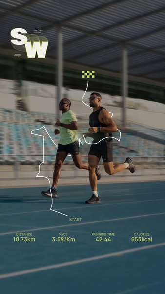 This ad is visually demonstrating the features of a fitness app that tracks distance, pace, and calories burned during a