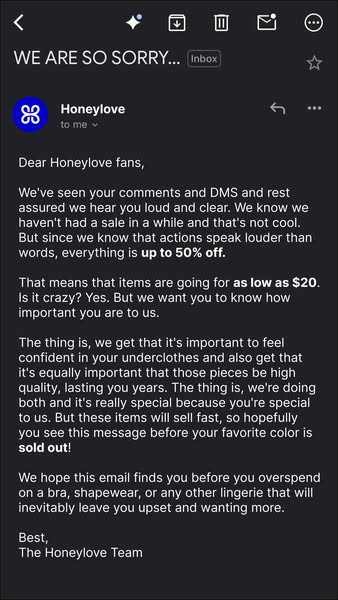 This ad uses a screenshot of an email from Honeylove to promote their sale of up to 50% off. The email expresses an apol