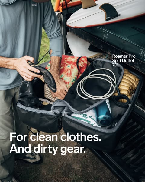 An image ad featuring a Roamer Pro Split Duffel bag in the back of a truck. The ad highlights the bag's ability to s