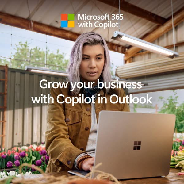 The ad features a woman using Microsoft 365 with Copilot in Outlook to grow her business. The visual shows the woman usi