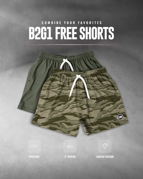 This ad showcases two pairs of CORE brand shorts in different colors and patterns, highlighting a 'B2G1 FREE' of