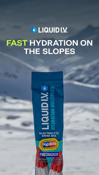 This ad is for Liquid I.V. Hydration Multiplier Electrolyte Drink Mix in Firecracker popsicle flavor, showing the produc