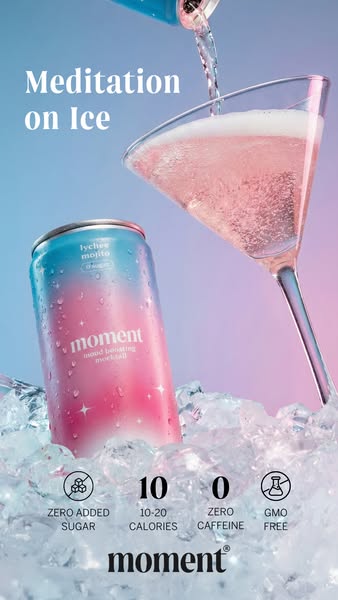 This image ad showcases Moment's Lychee Mojito mood-boosting mocktail. The visual focuses on the product's refre