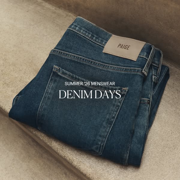 This ad showcases PAIGE brand denim jeans, advertising their 2026 summer menswear collection. The visual is simple, only