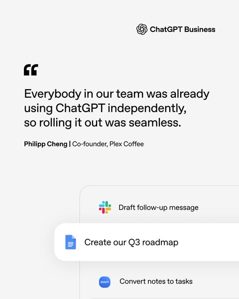 This image ad for ChatGPT Business features a testimonial from a co-founder of Plex Coffee, praising the seamless integr