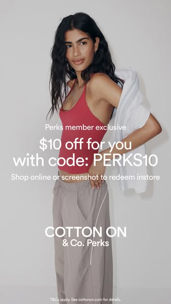 This image ad promotes Cotton On & Co. Perks, offering a $10 discount for members. It features a model wearing a Cot