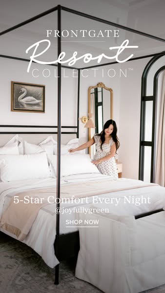 This Frontgate ad features a serene bedroom setting to promote their Resort Collection bedding. The ad uses lifestyle im