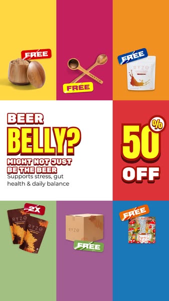This Ryze ad is selling their mushroom coffee and is offering 50% off plus free items. The ad uses a colorful grid layou