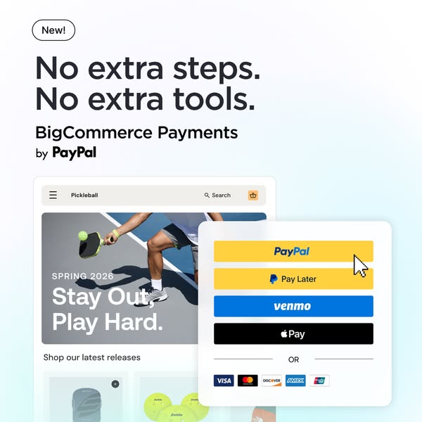 This is a static image ad for BigCommerce Payments by Paypal. It shows the ease of using their payment system by saying 