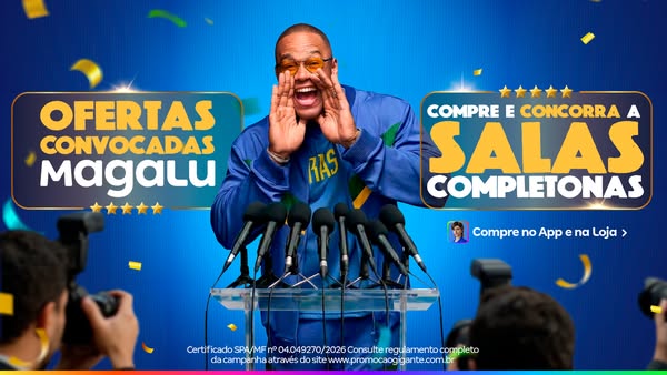 This ad promotes a contest from Magalu where customers can win fully furnished rooms. The ad features a man speaking at 