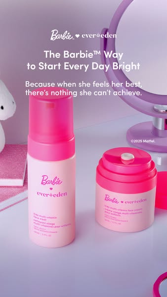 This ad features two Barbie Evereden skincare products against a matching pastel background. The ad promotes the idea th