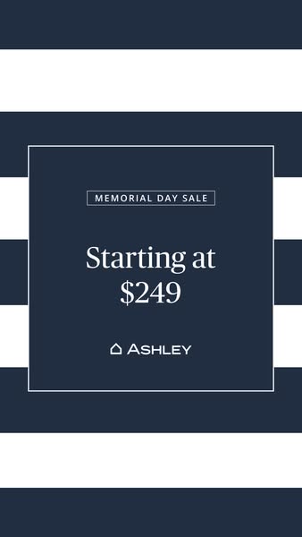 This image ad for Ashley advertises a Memorial Day Sale with items starting at $249. The creative is simple, using a whi